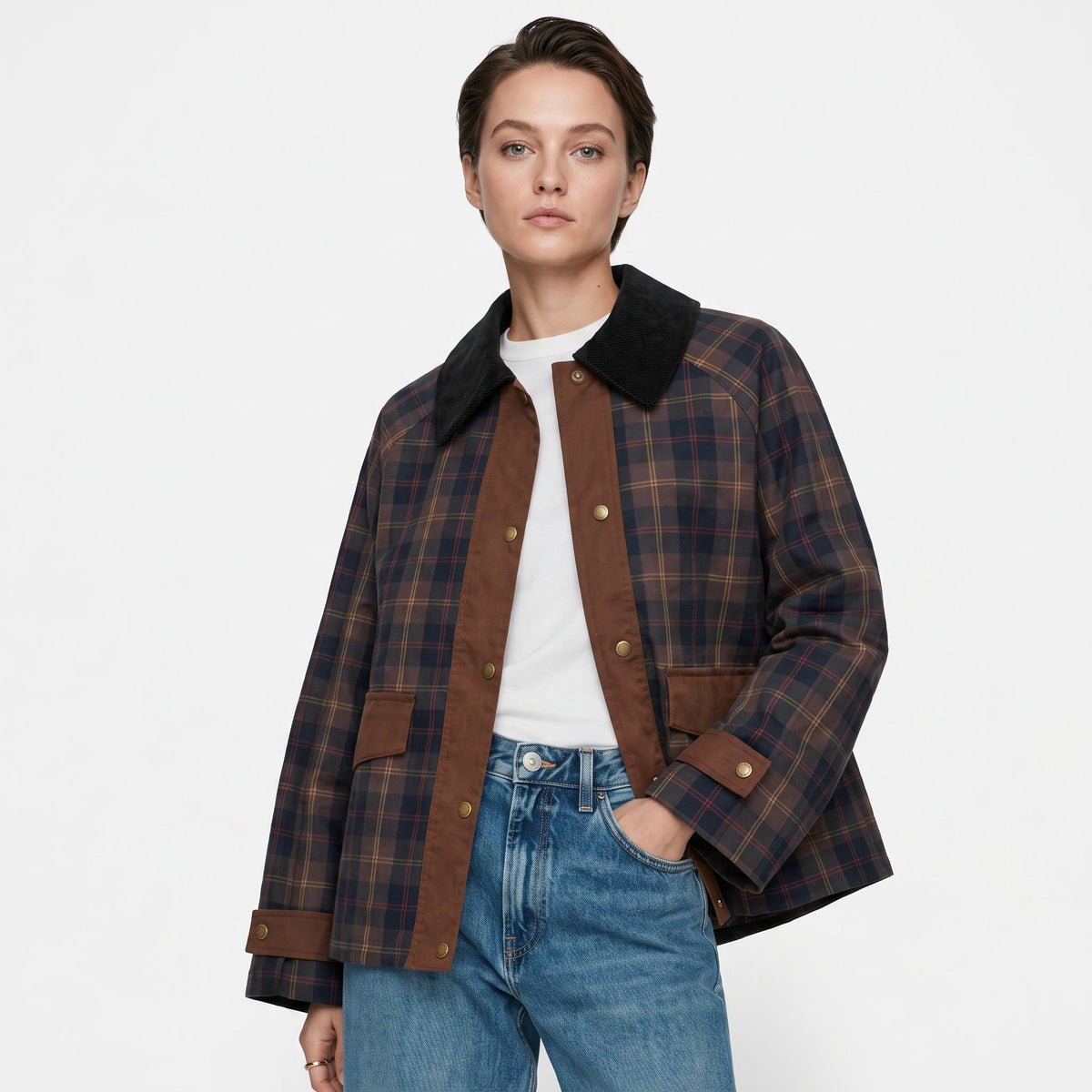 Sophie - Women's Plaid Jacket with Contast Collar - Coats & Jackets - Brown - Parker&Brooks