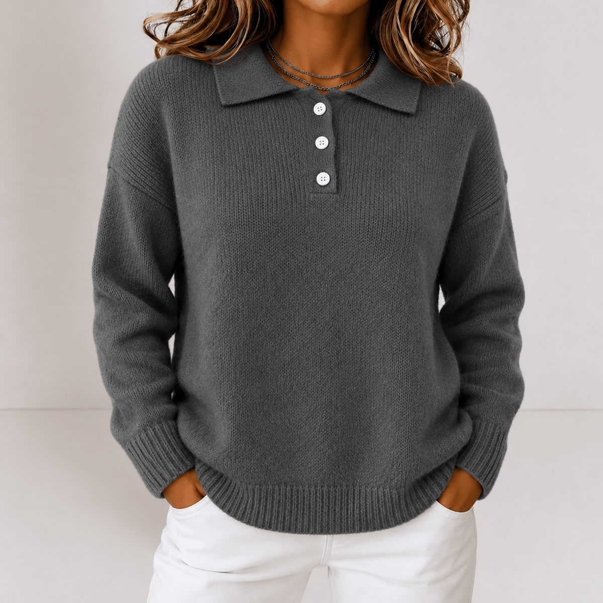 Sophie - Women's Polo Collar Sweater with Button Placket and Ribbed Hem - Sweaters - Gray - Sarvento