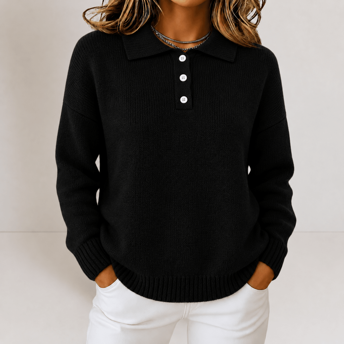 Sophie - Women's Polo Collar Sweater with Button Placket and Ribbed Hem - Sweaters - Black - Sarvento