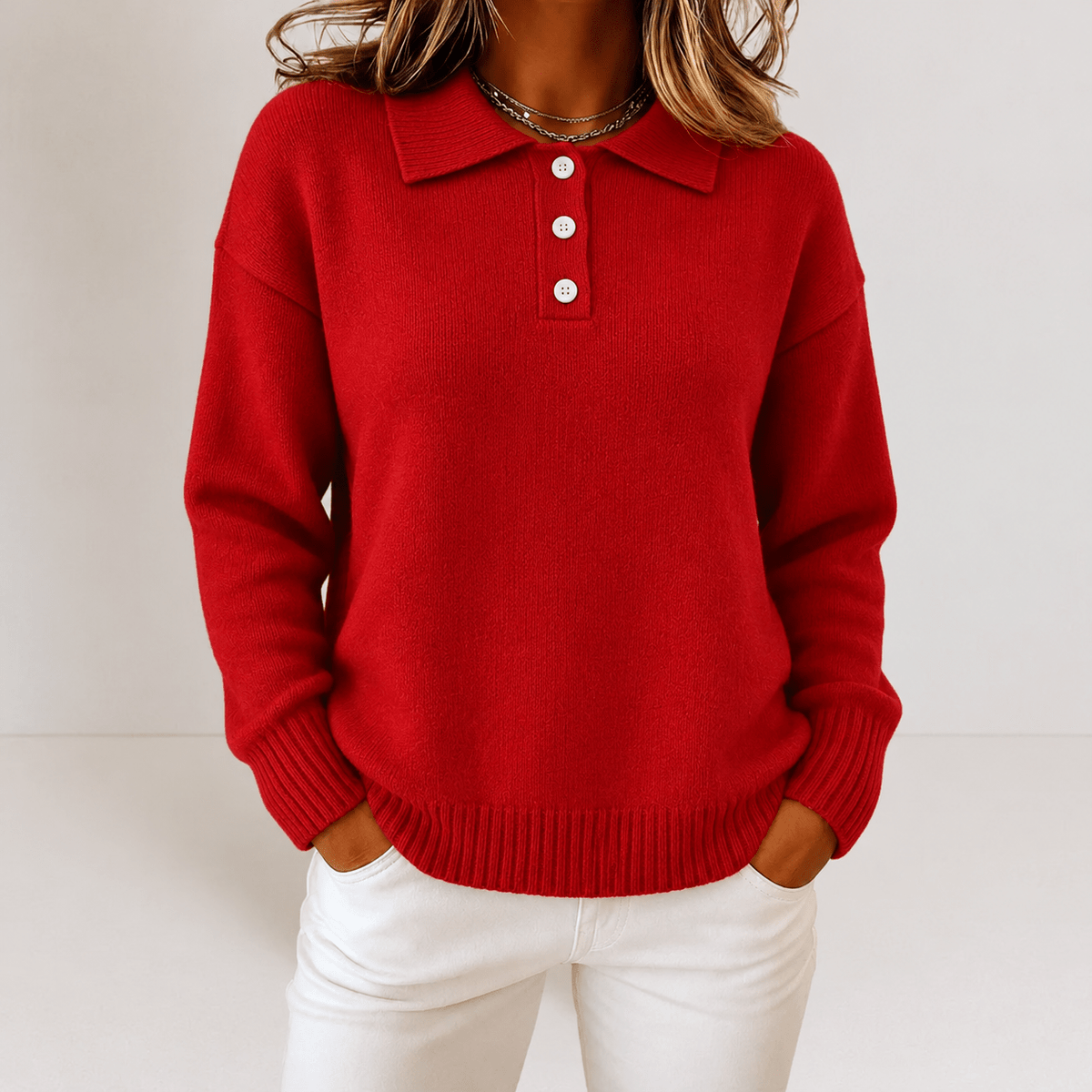 Sophie - Women's Polo Collar Sweater with Button Placket and Ribbed Hem - Sweaters - Red - Sarvento