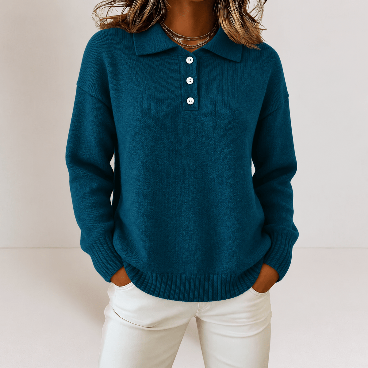 Sophie - Women's Polo Collar Sweater with Button Placket and Ribbed Hem - Sweaters - Dark Blue - Sarvento