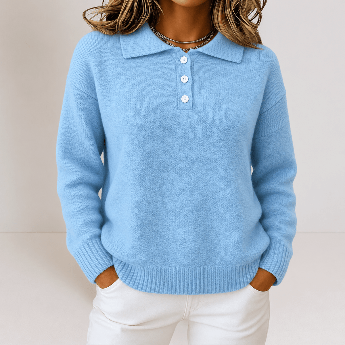 Sophie - Women's Polo Collar Sweater with Button Placket and Ribbed Hem - Sweaters - Light Blue - Sarvento