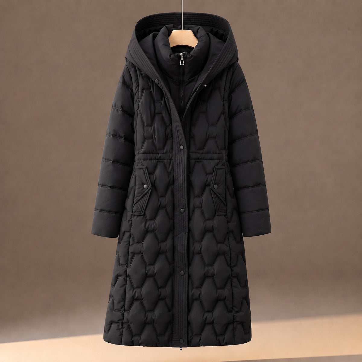 Sophie - Women's Quilted Hooded Longline Puffer Coat - Puffer Jacket - Black - Parker&Brooks