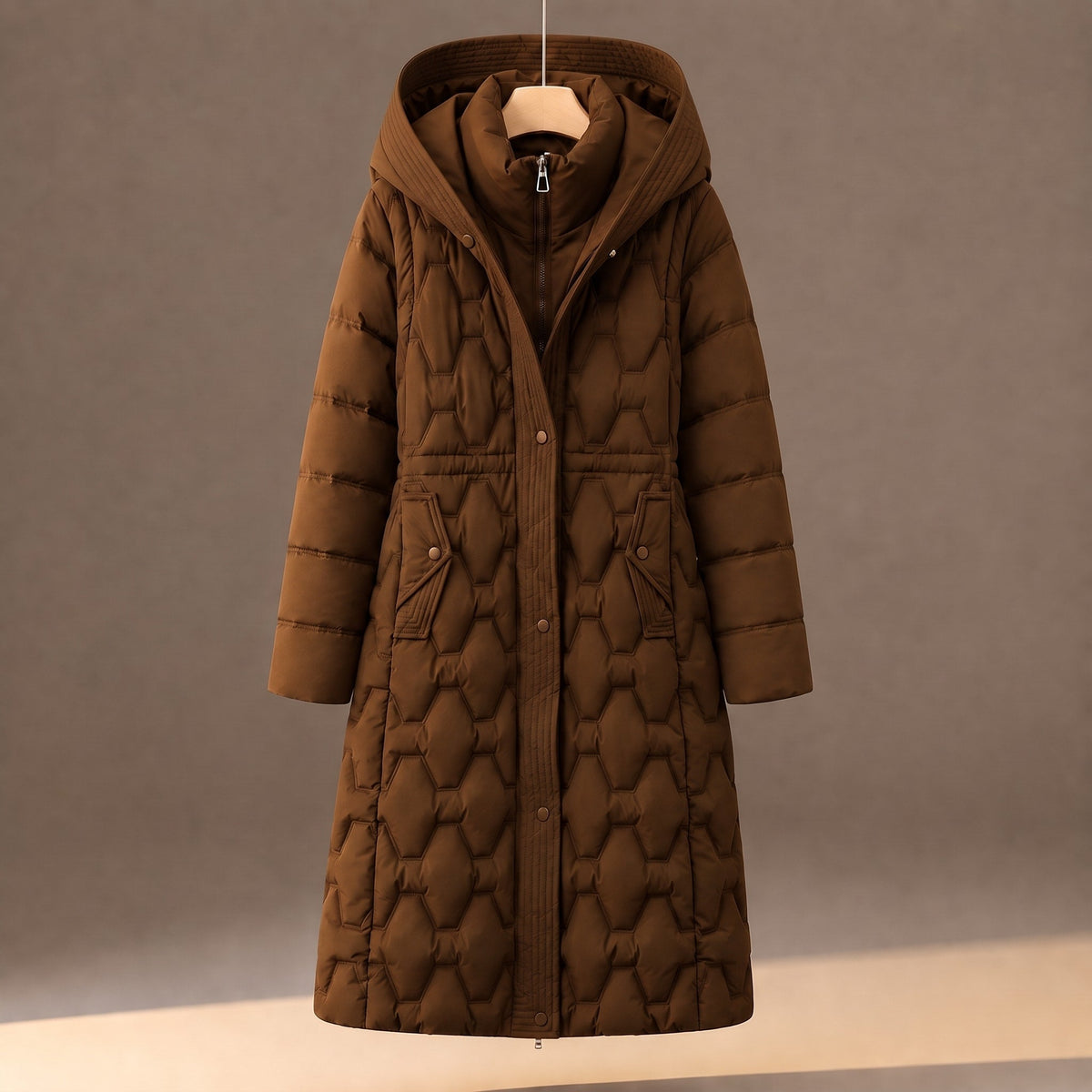 Sophie - Women's Quilted Hooded Longline Puffer Coat - Puffer Jacket - Brown - Parker&Brooks
