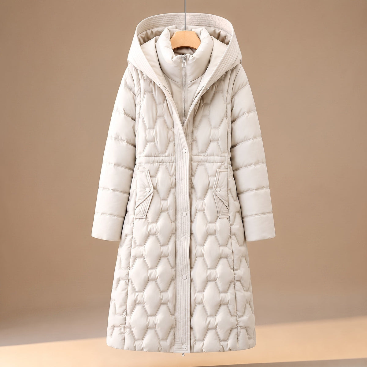 Sophie - Women's Quilted Hooded Longline Puffer Coat - Puffer Jacket - White - Parker&Brooks