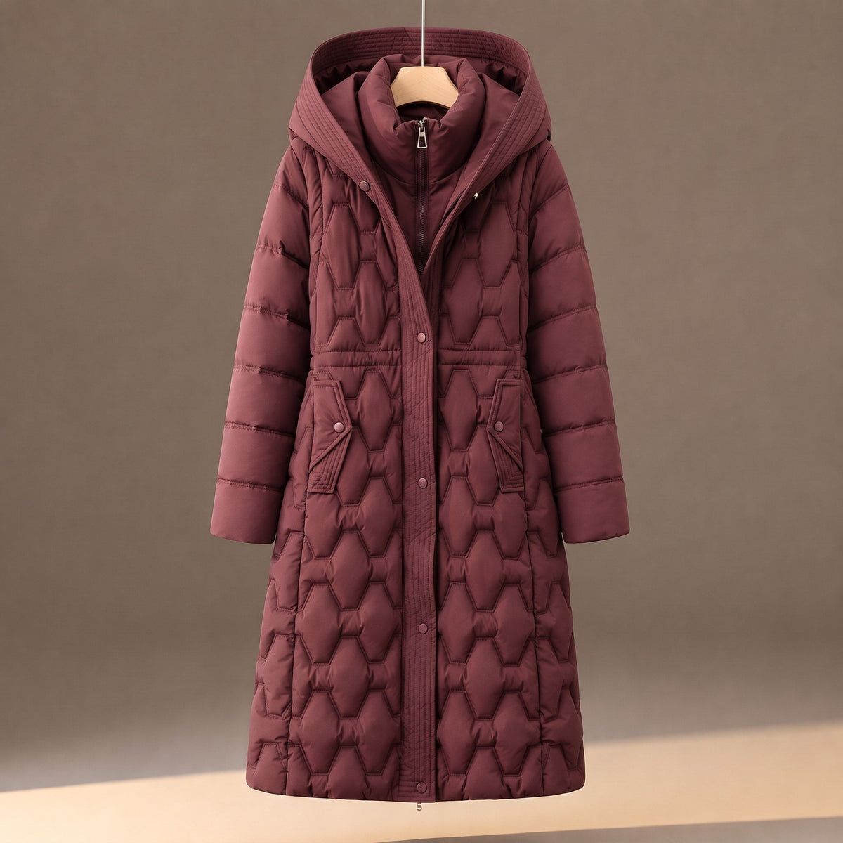 Sophie - Women's Quilted Hooded Longline Puffer Coat - Puffer Jacket - Rose Red - Parker&Brooks