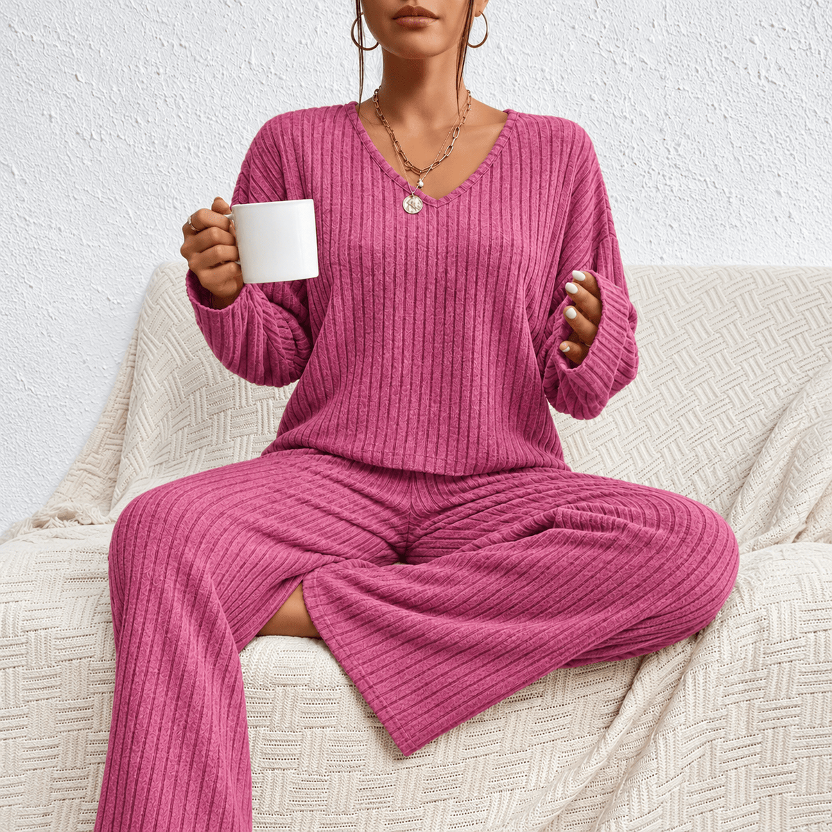 Sophie – Women’s Relaxed Fit V-Neck Ribbed Lounge Set with Wide-Leg Trousers - Loungewear Sets - Gray - Sarvento