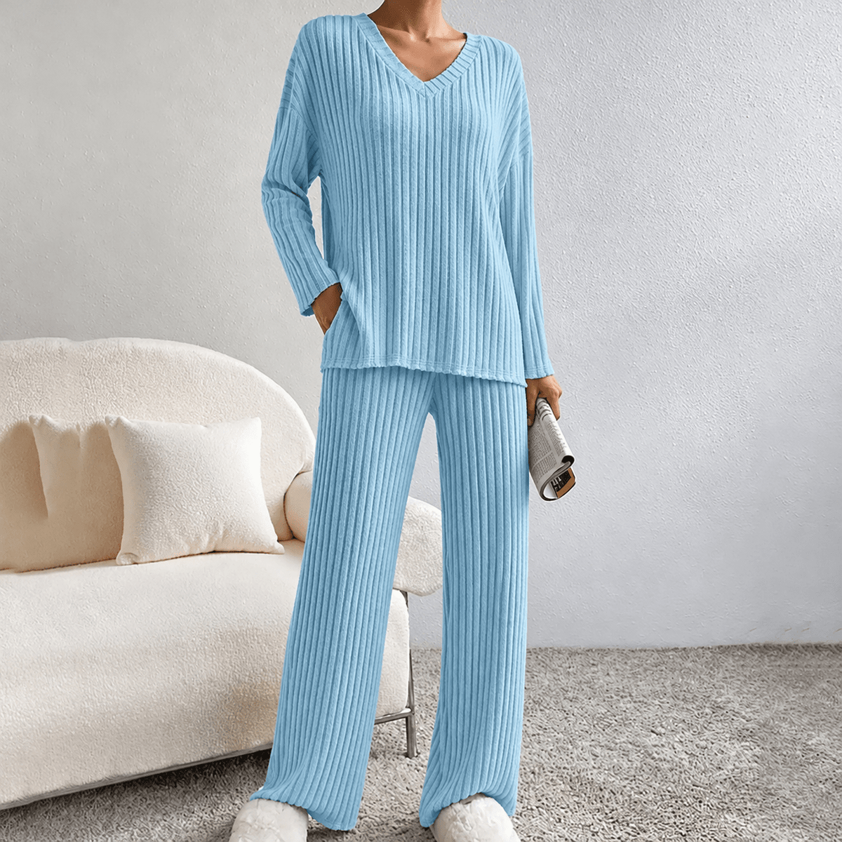 Sophie – Women’s Relaxed Fit V-Neck Ribbed Lounge Set with Wide-Leg Trousers - Loungewear Sets - Light Blue - Sarvento
