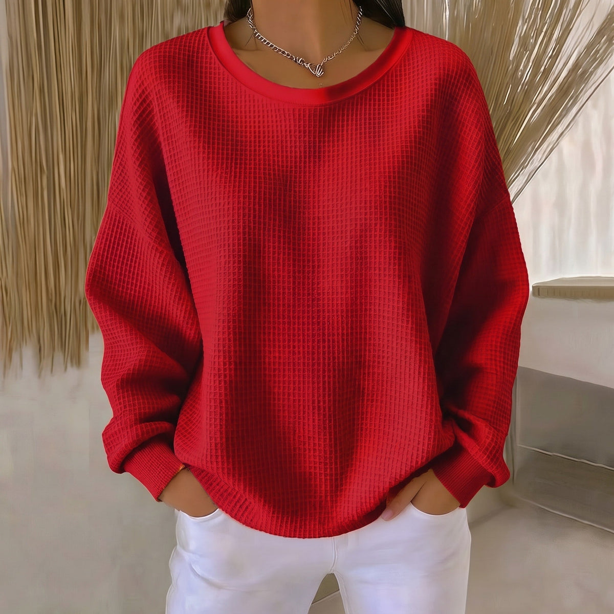Sophie - Women's Relaxed Fit Waffle Knit Crewneck Sweater - Sweater - Red - Sarvento