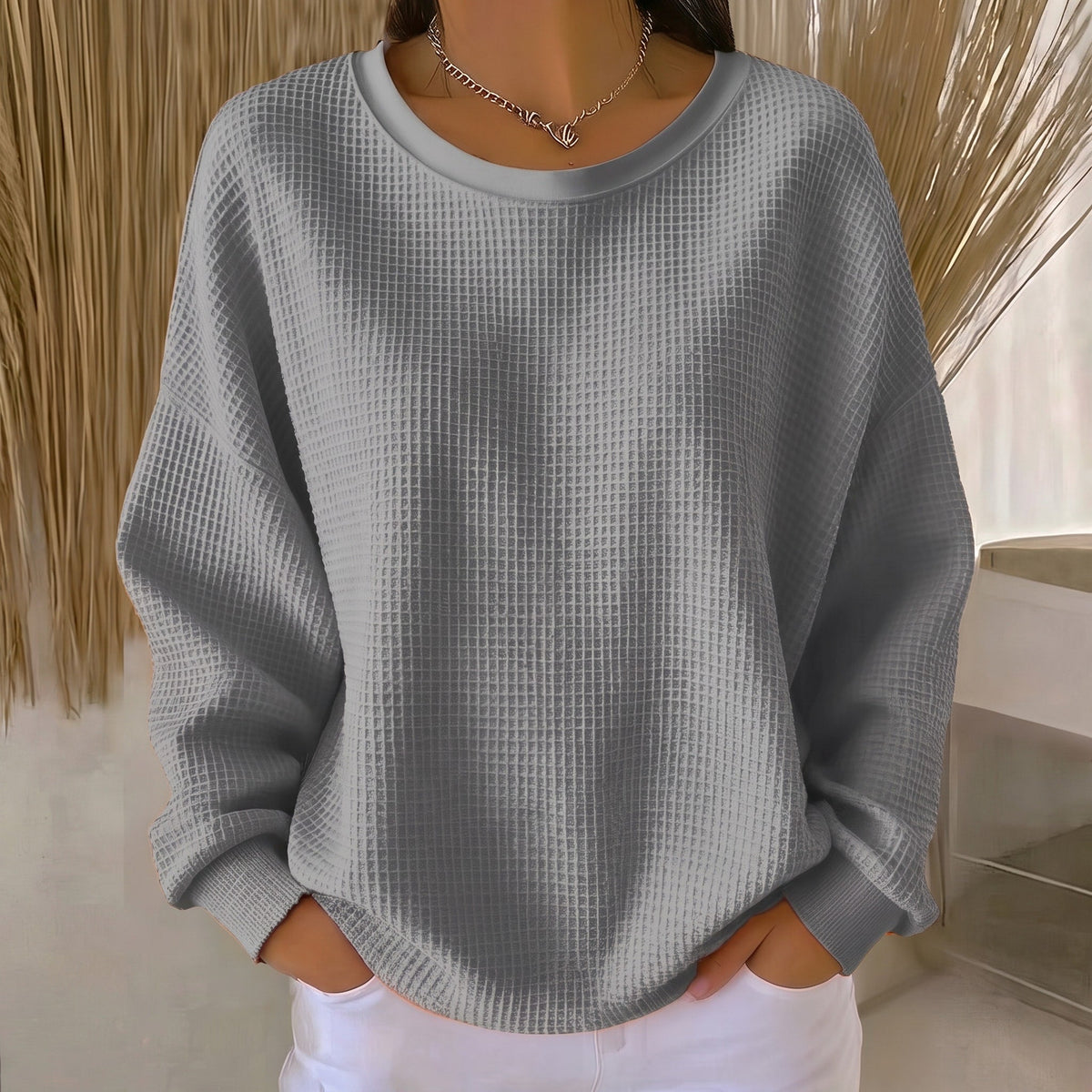 Sophie - Women's Relaxed Fit Waffle Knit Crewneck Sweater - Sweater - Gray - Sarvento