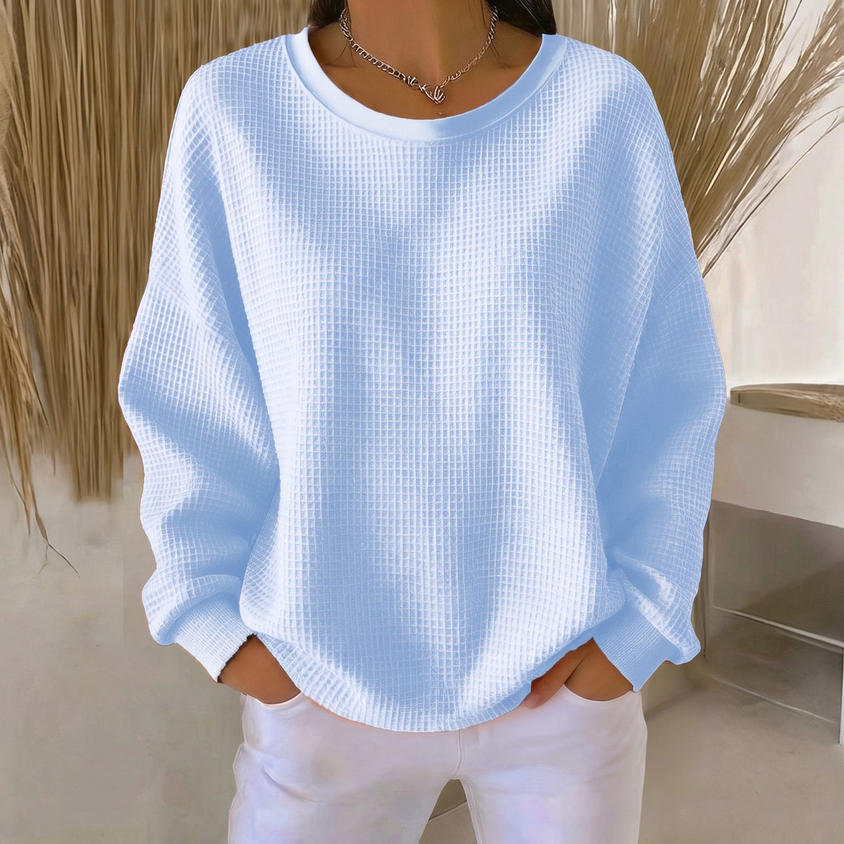 Sophie - Women's Relaxed Fit Waffle Knit Crewneck Sweater - Sweater - Sky Blue - Sarvento