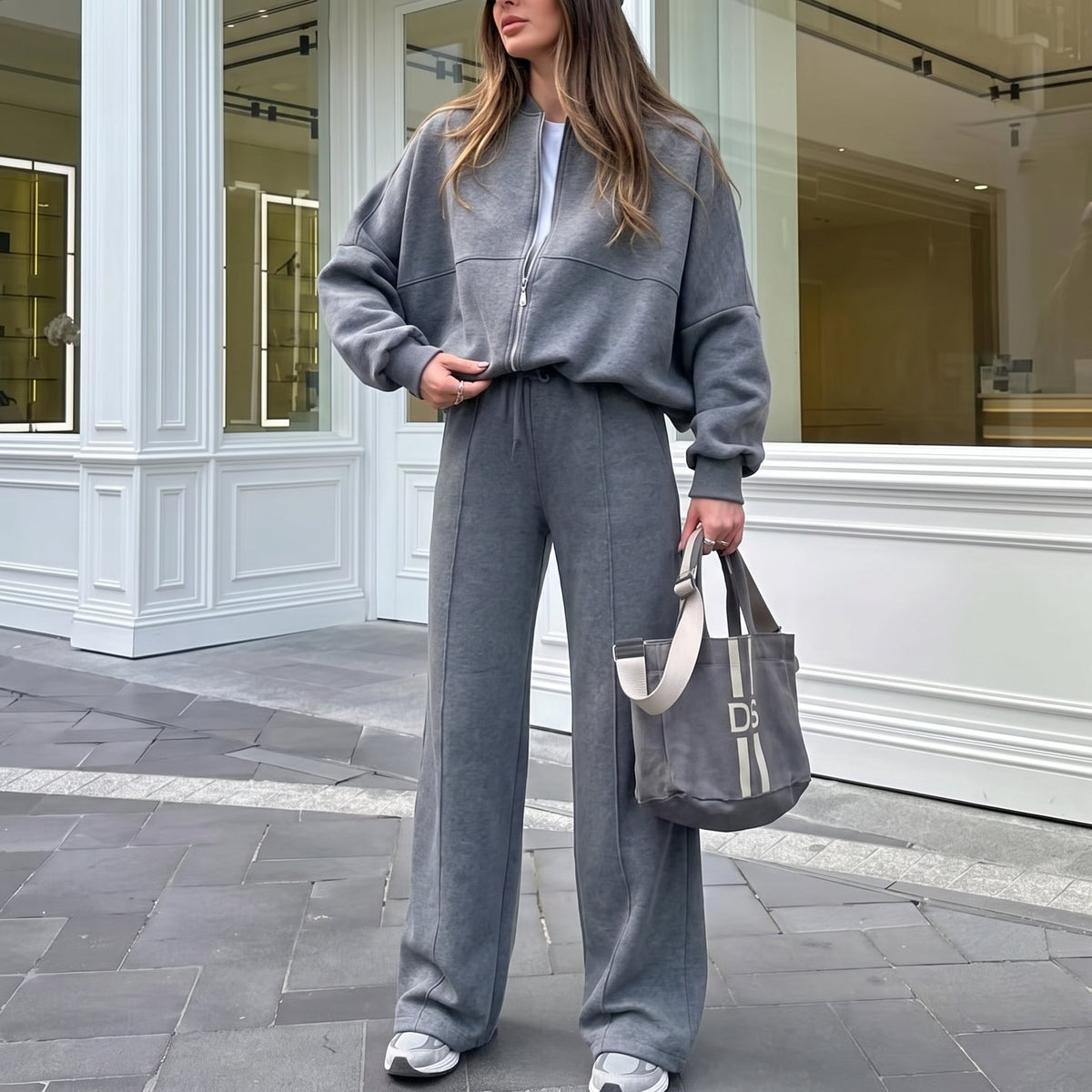Sophie - Women's Relaxed Zip-Up Sweater Wide-Leg Jogger Tracksuit Set - Loungewear Sets - Gray - Sarvento