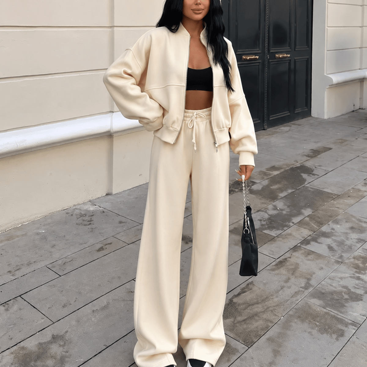 Sophie - Women's Relaxed Zip-Up Sweater Wide-Leg Jogger Tracksuit Set - Loungewear Sets - Beige - Sarvento