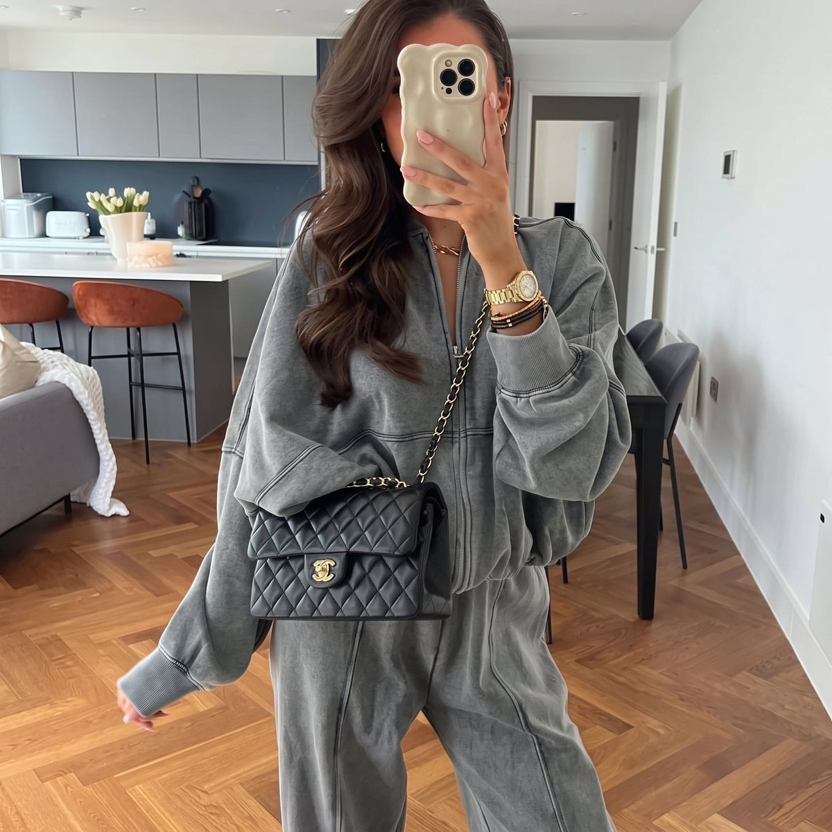 Sophie - Women's Relaxed Zip-Up Sweater Wide-Leg Jogger Tracksuit Set - Loungewear Sets - Gray - Sarvento