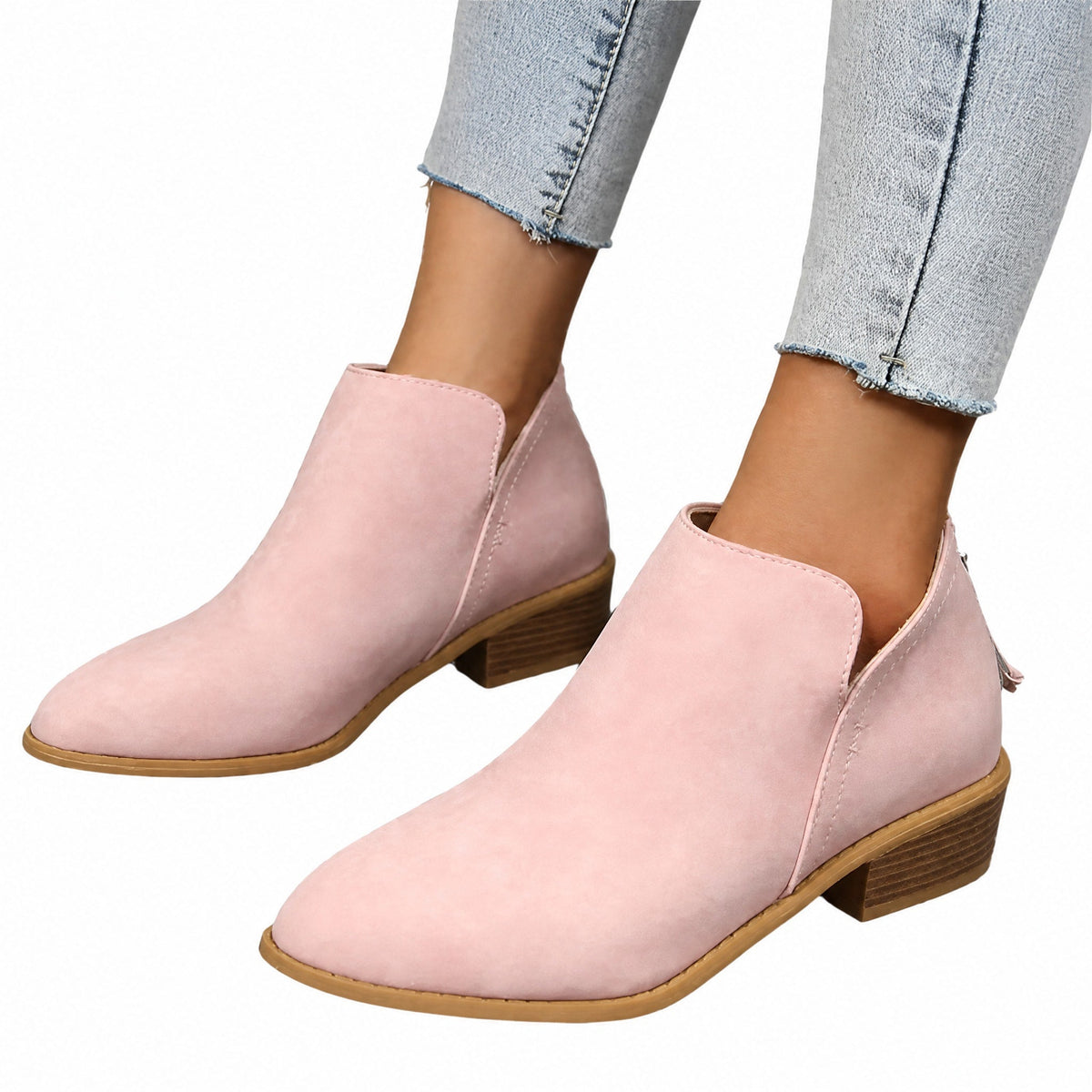 Sophie - Women's Slip-On Ankle Boots with Block Heel and V-Cut Topline - Boots - Pink - Sarvento