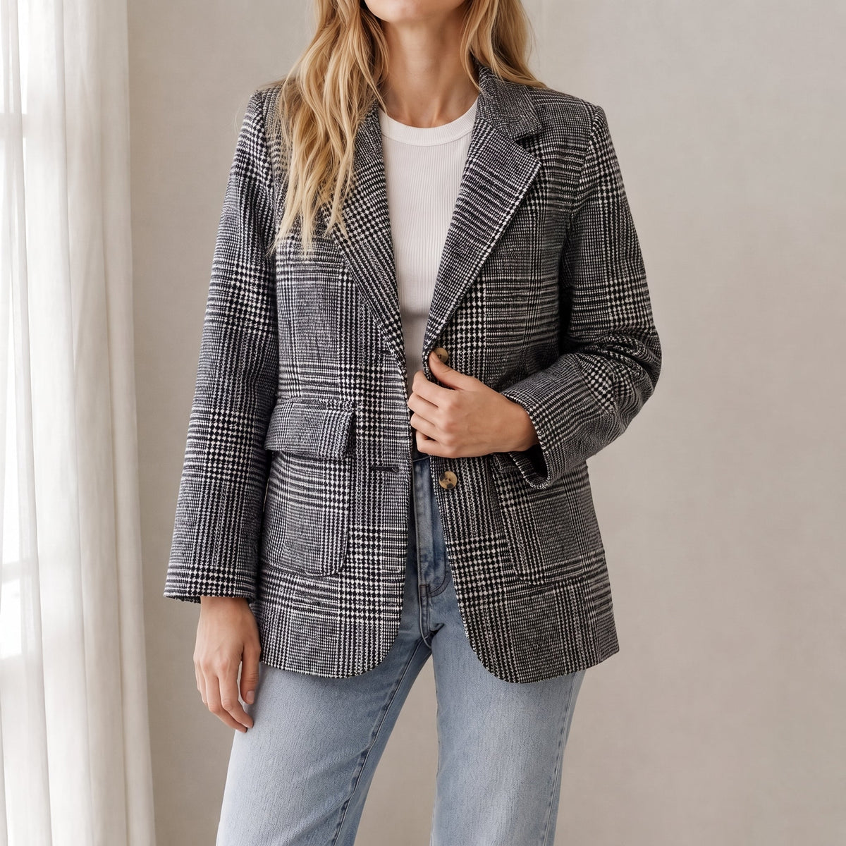 Sophie - Women's Tailored Double-Breasted Plaid Blazer - Blazers - Black - Parker&Brooks