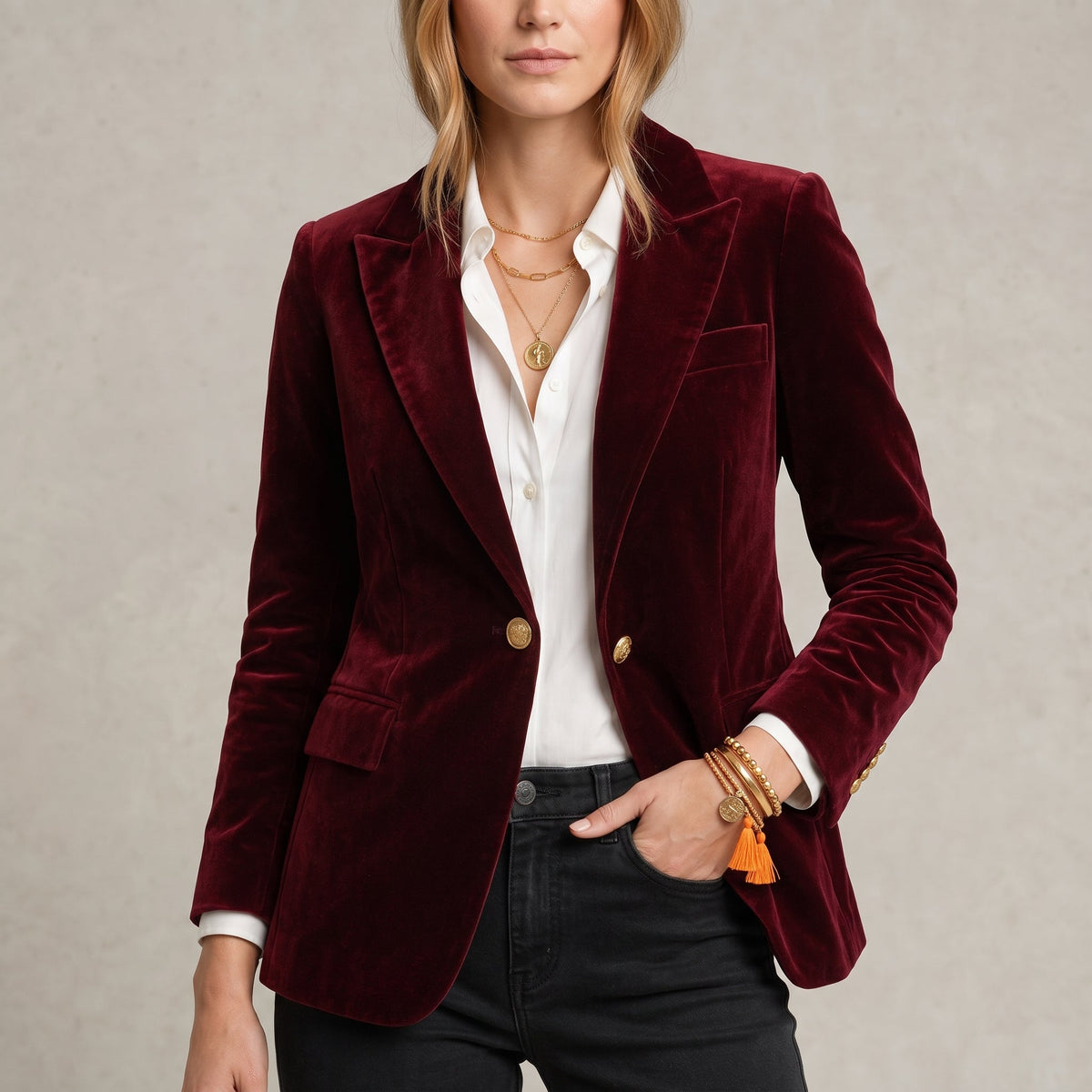 Sophie - Women's Tailored Fitted Blazer with Gold Buttons - Blazers - Wine Red - Parker&Brooks