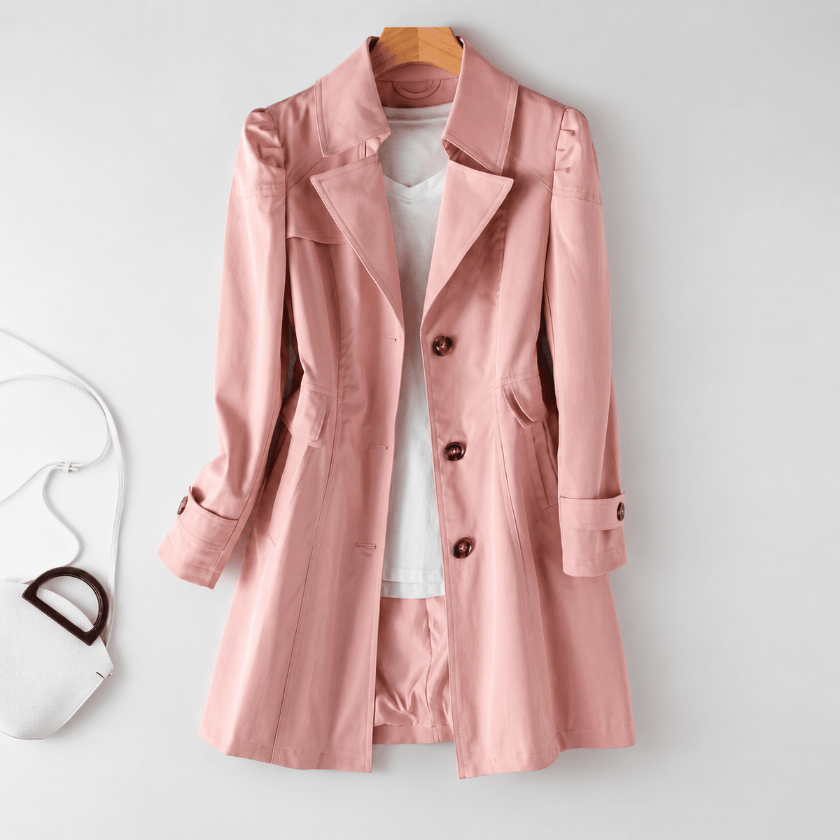Sophie - Women's Tailored Longline Trench Coat with Notched Collar - Trench Coats - Pink - Parker&Brooks
