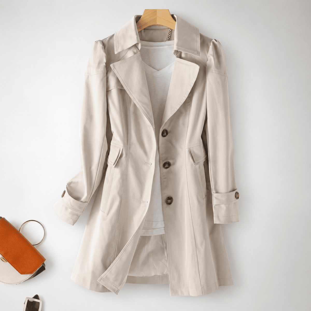 Sophie - Women's Tailored Longline Trench Coat with Notched Collar - Trench Coats - Beige - Parker&Brooks