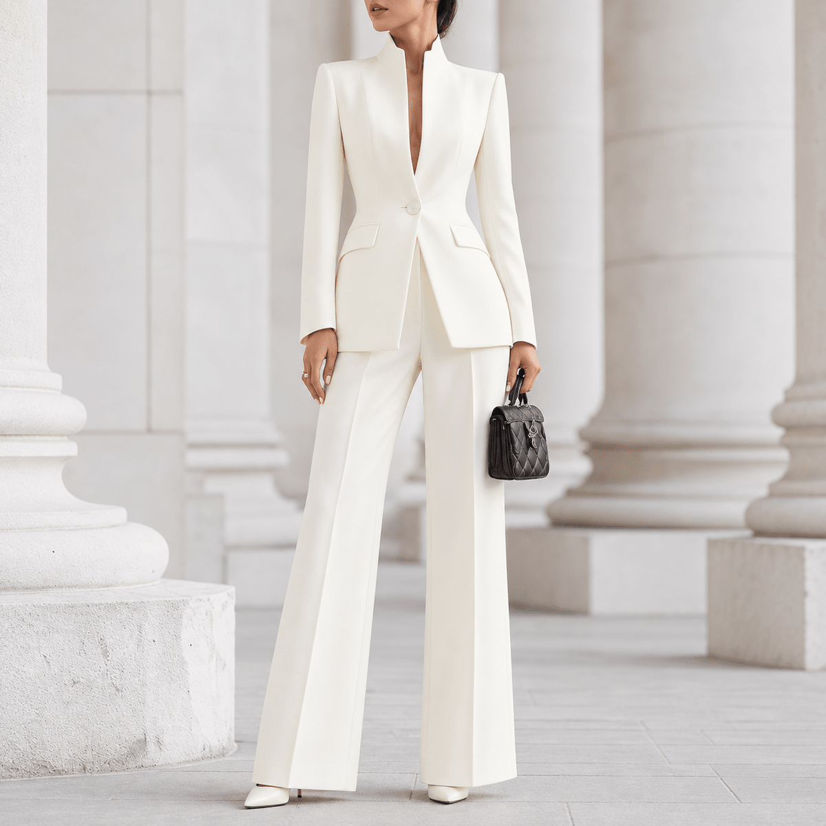 Sophie - Women's Tailored Stand Collar Blazer Wide-Leg Trouser Set - Outfit Sets - White - Sarvento
