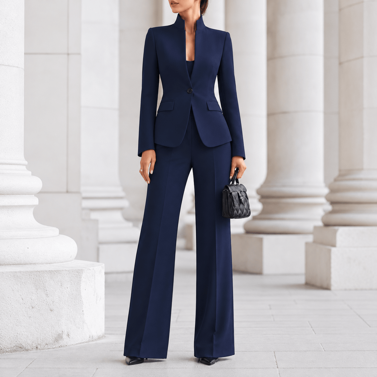 Sophie - Women's Tailored Stand Collar Blazer Wide-Leg Trouser Set - Outfit Sets - Blue - Sarvento