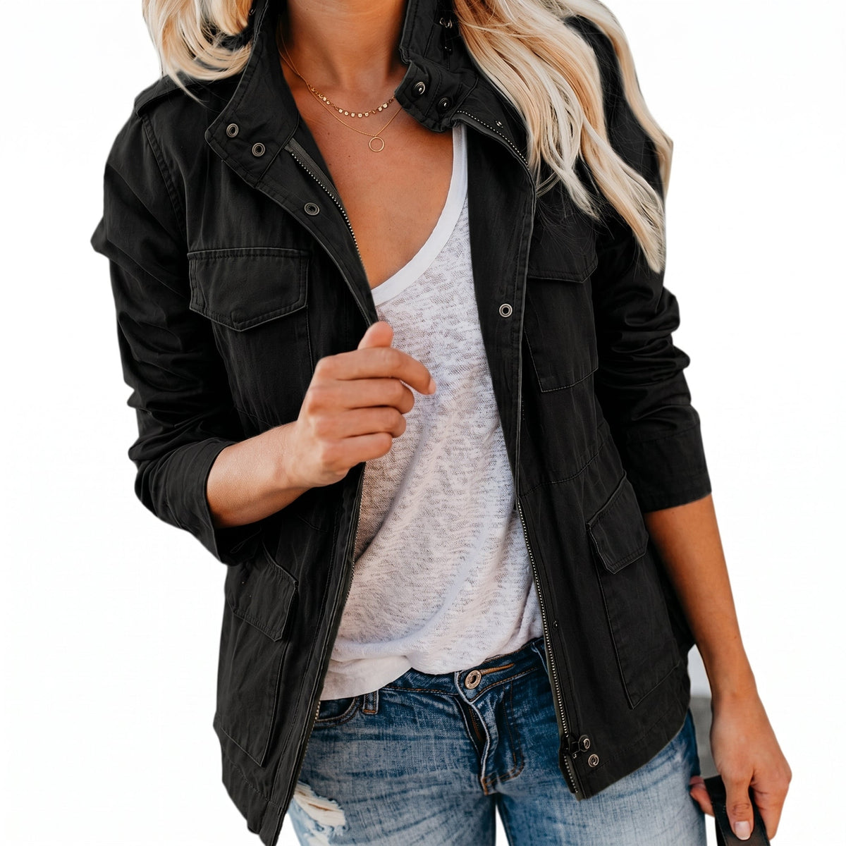 Sophie - Women's Transitional Utility Jacket with Snap Collar and Zip Closure - Jackets - Black - Parker&Brooks