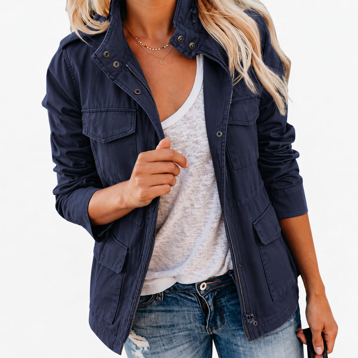 Sophie - Women's Transitional Utility Jacket with Snap Collar and Zip Closure - Jackets - Blue - Parker&Brooks