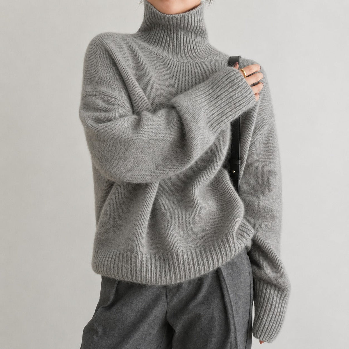 Sophie - Women's Turtleneck Oversized Knit Sweater with Ribbed Cuffs - Sweater - Gray - Parker&Brooks