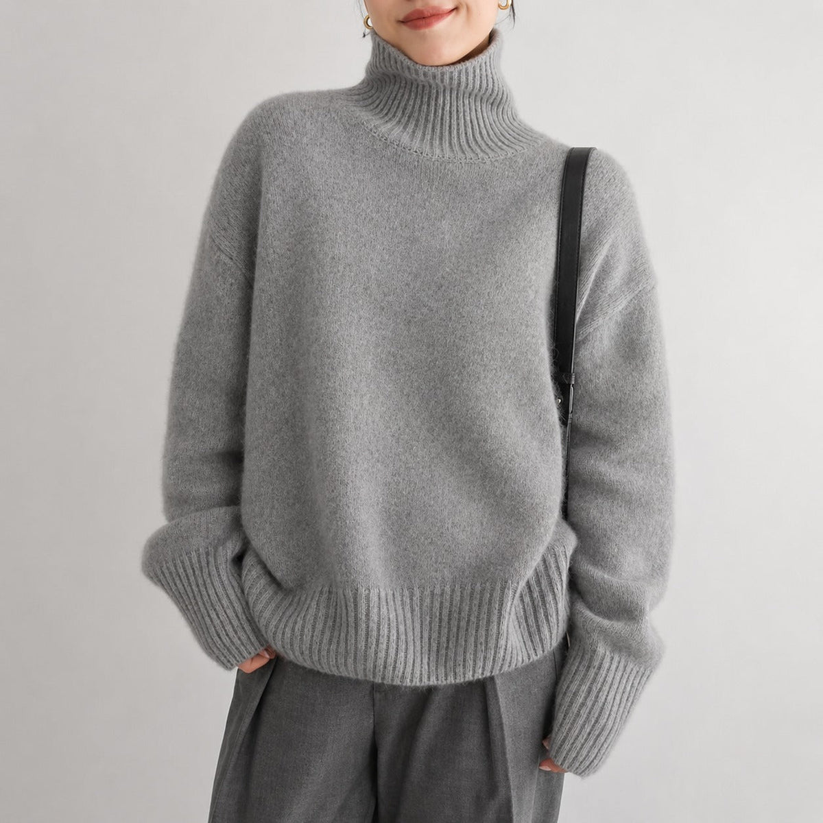 Sophie - Women's Turtleneck Oversized Knit Sweater with Ribbed Cuffs - Sweater - Gray - Parker&Brooks
