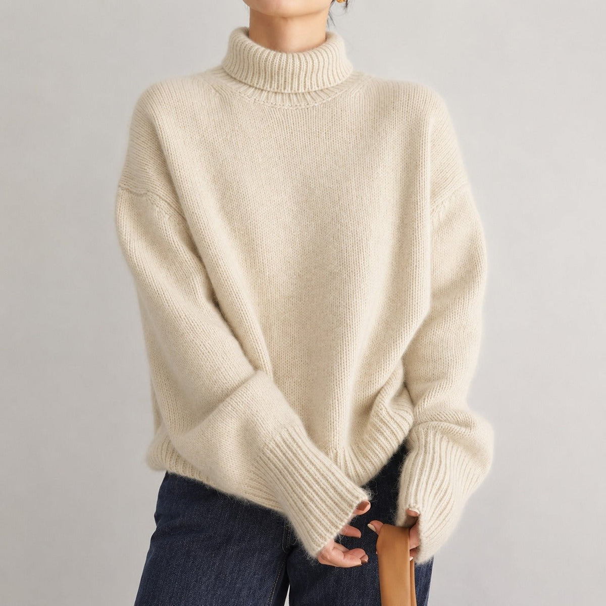Sophie - Women's Turtleneck Oversized Knit Sweater with Ribbed Cuffs - Sweater - Beige - Parker&Brooks