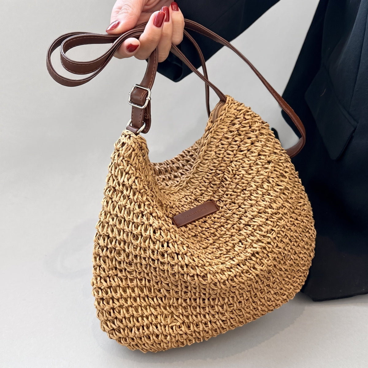 Sophie – Women’s Woven Crescent Crossbody Bag with Adjustable Leather Strap - Cross Body Bags - Khaki - Sarvento