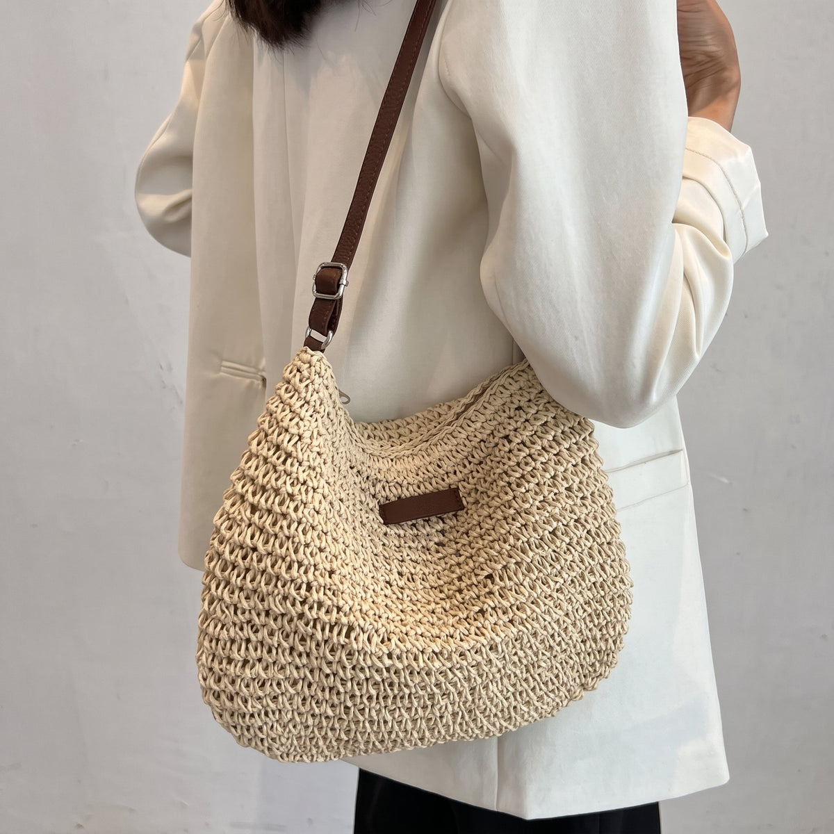 Sophie – Women’s Woven Crescent Crossbody Bag with Adjustable Leather Strap - Cross Body Bags - Beige - Sarvento