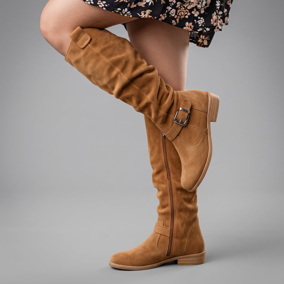 Starla - Women's Orthopedic Slouchy Knee-High Boots with Buckle Strap - Boots - Light Brown - Parker&Brooks