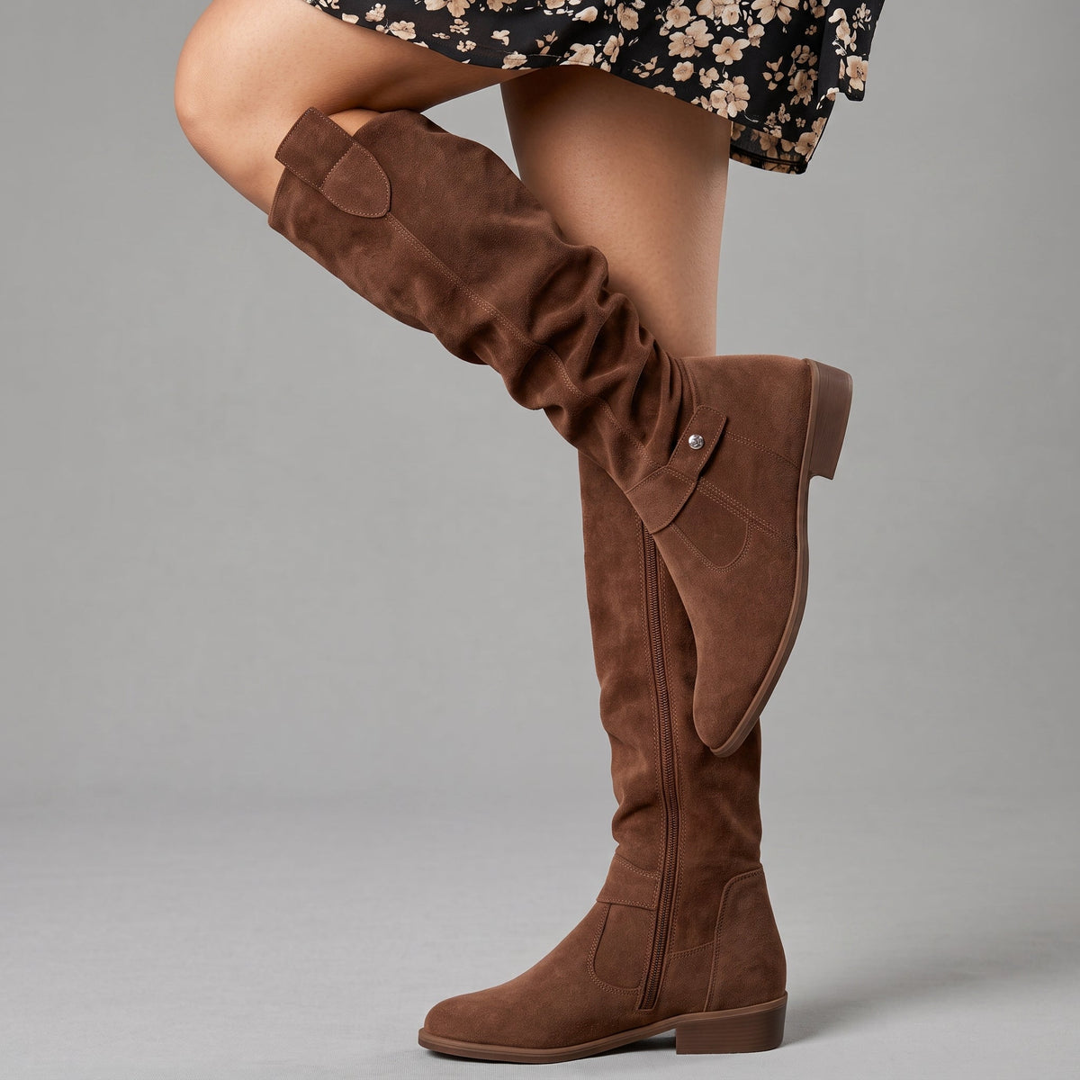 Starla - Women's Orthopedic Slouchy Knee-High Boots with Buckle Strap - Boots - Dark Brown - Parker&Brooks