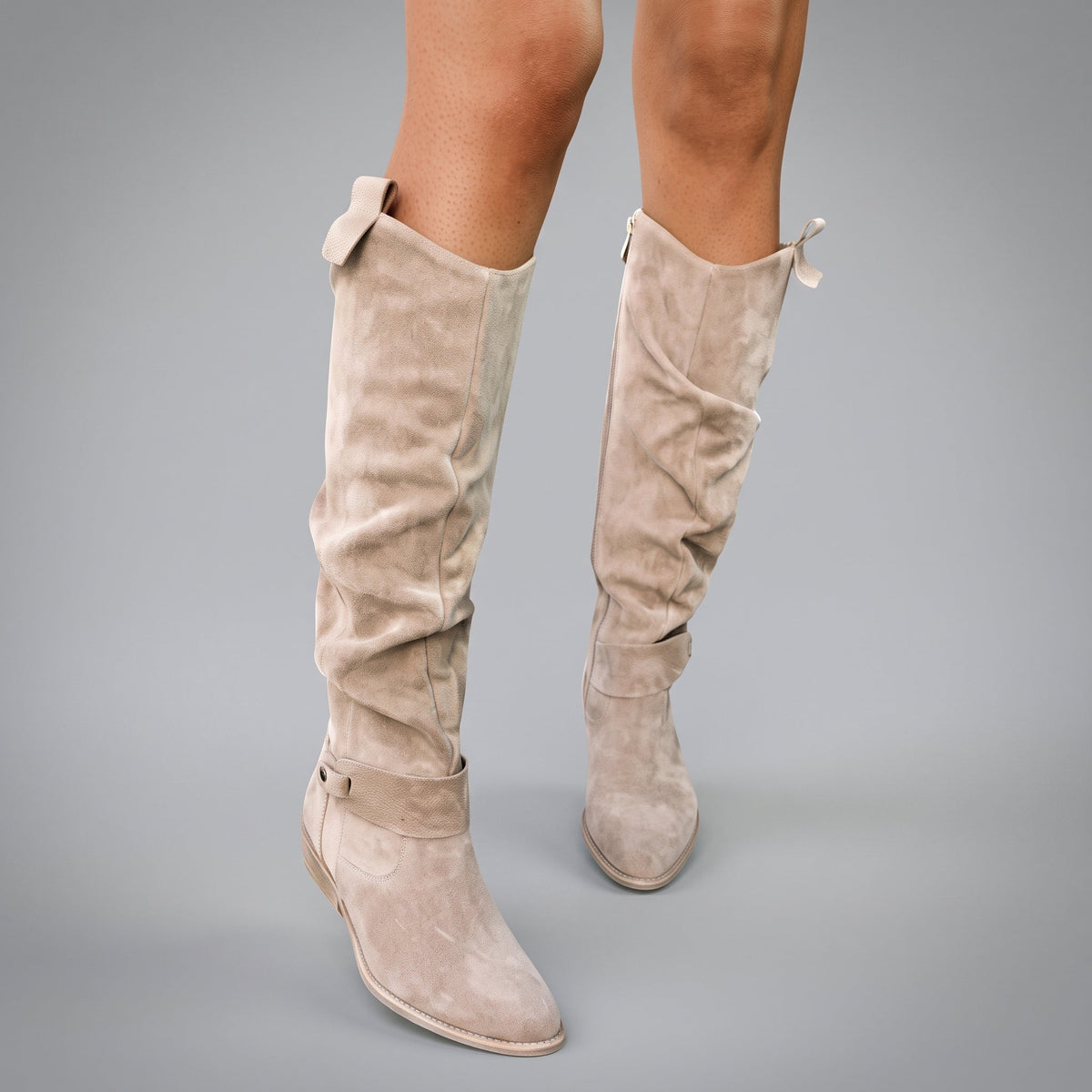 Starla - Women's Orthopedic Slouchy Knee-High Boots with Buckle Strap - Boots - Beige - Parker&Brooks