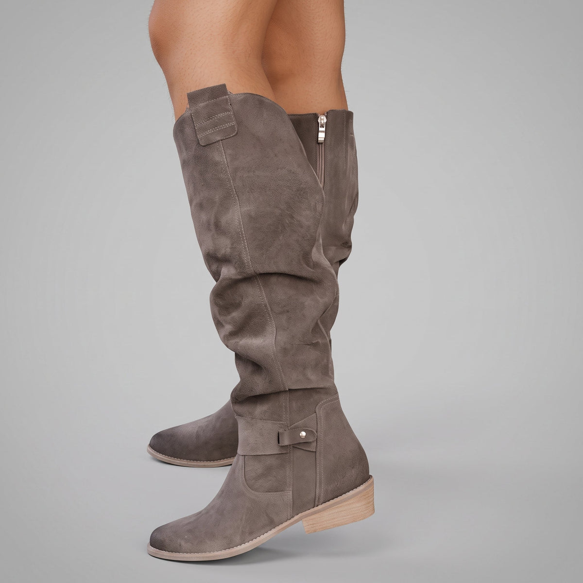 Starla - Women's Orthopedic Slouchy Knee-High Boots with Buckle Strap - Boots - Khaki - Parker&Brooks