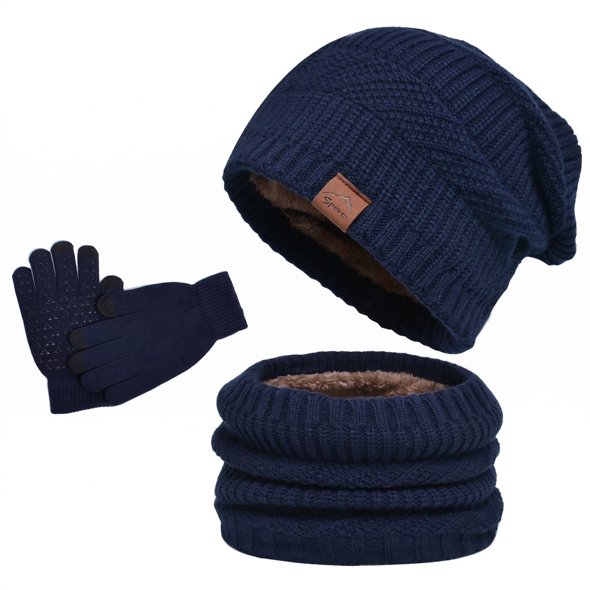 Theo - Men's Beanie Hat, Scarf and Gloves Winter Set with Touchscreen Fingertips - Beanies - Navy Blue - Sarvento