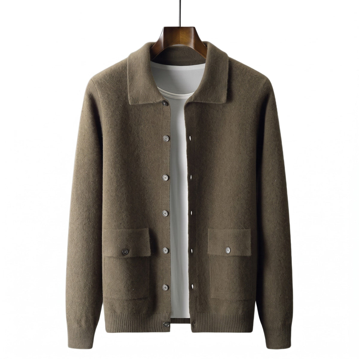 Theo – Men’s Collared Button-Front Knit Shacket with Patch Pockets - Coats & Jackets - Green - Sarvento