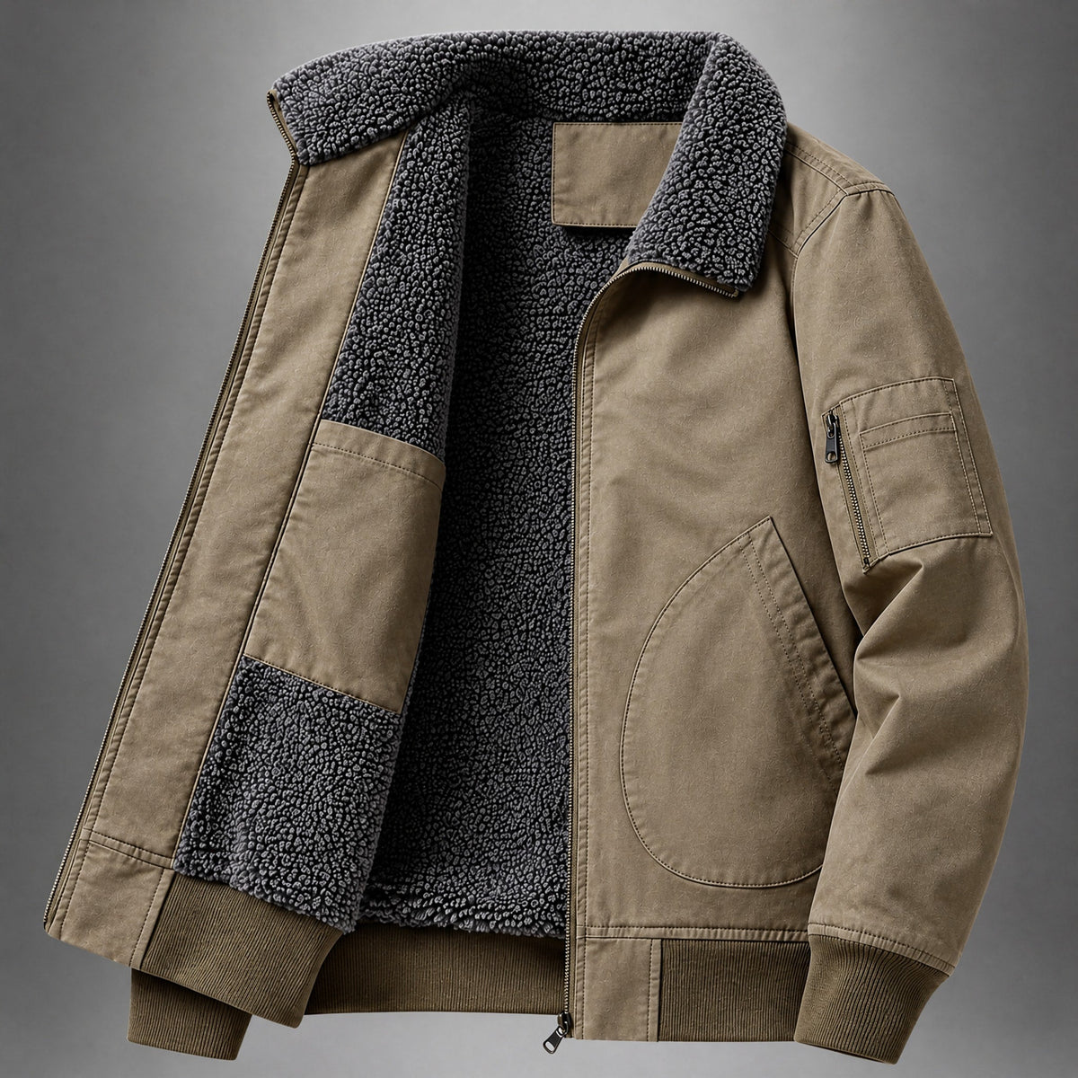 Thomas - Men's Sherpa-Collar Flight Bomber Jacket with Zip Pockets - Bomber Jackets - Khaki - Parker&Brooks