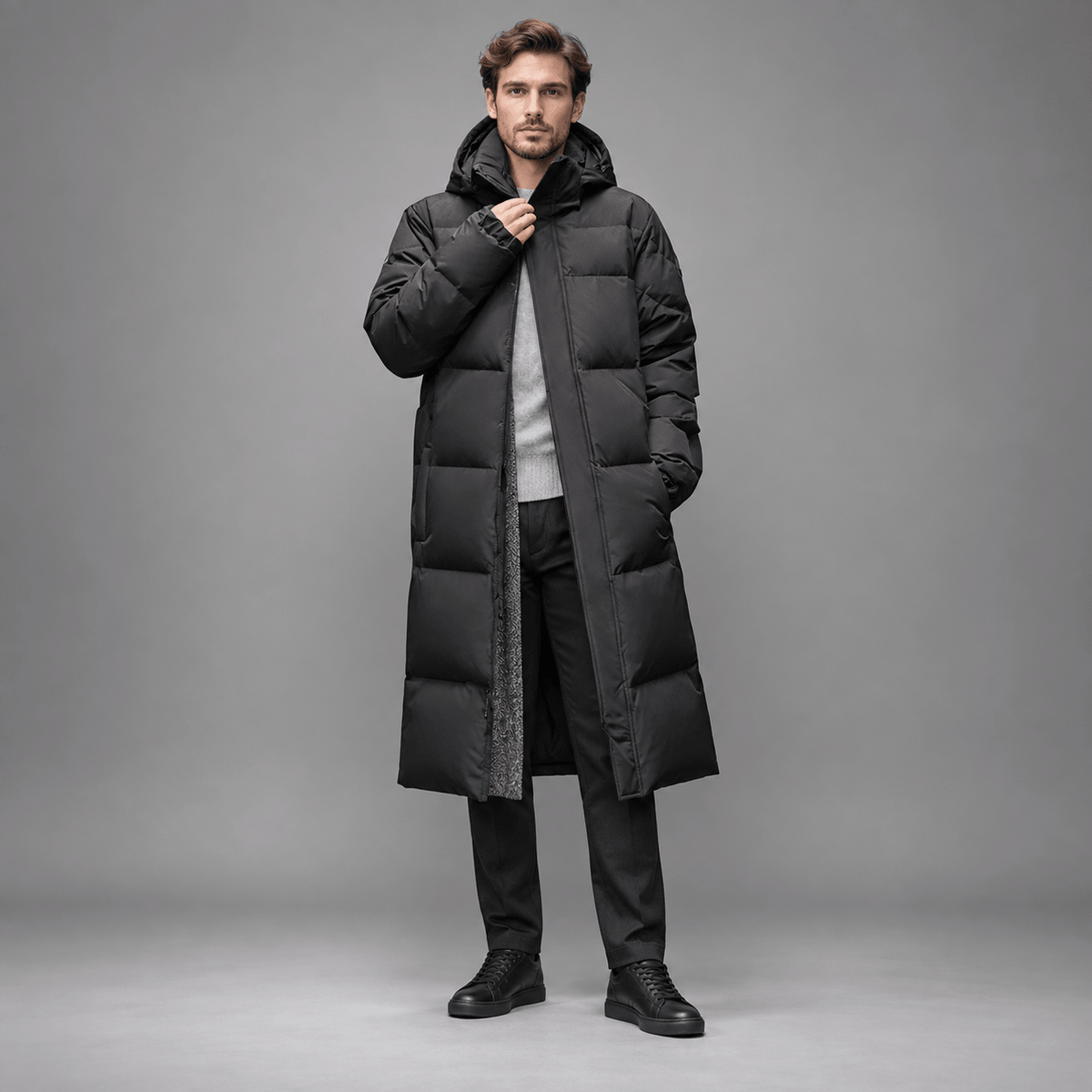 Tom - Men's Longline Hooded Puffer Coat with Zip Front - Puffer Jackets - Black - Parker&Brooks