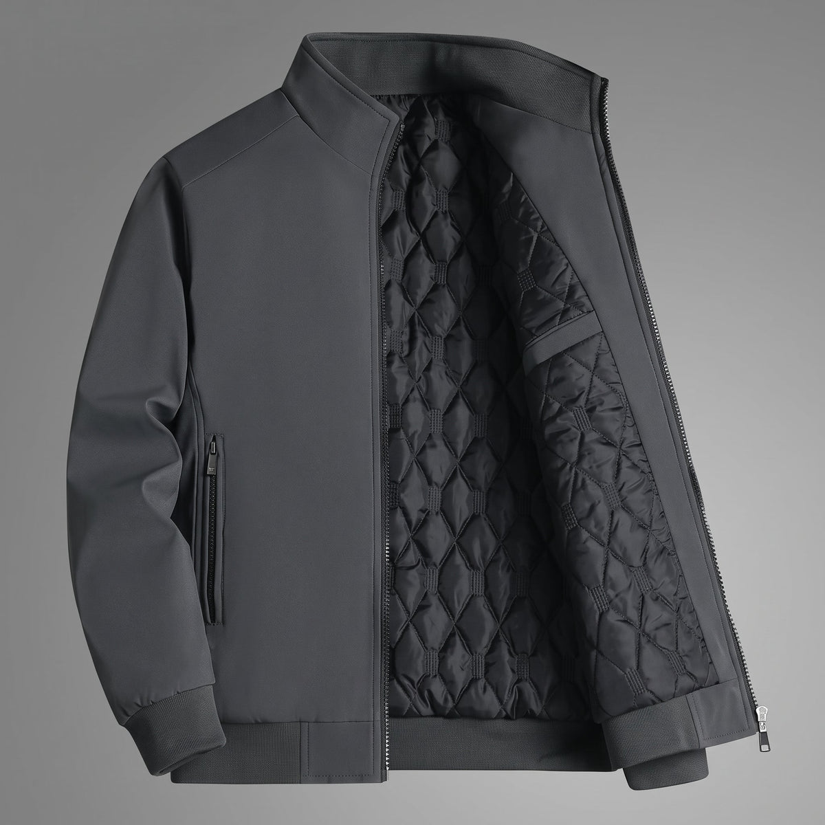 Tom - Men's Water-Resistant Quilted Jacket with Stand Collar - Sport Jackets - Gray - Parker&Brooks