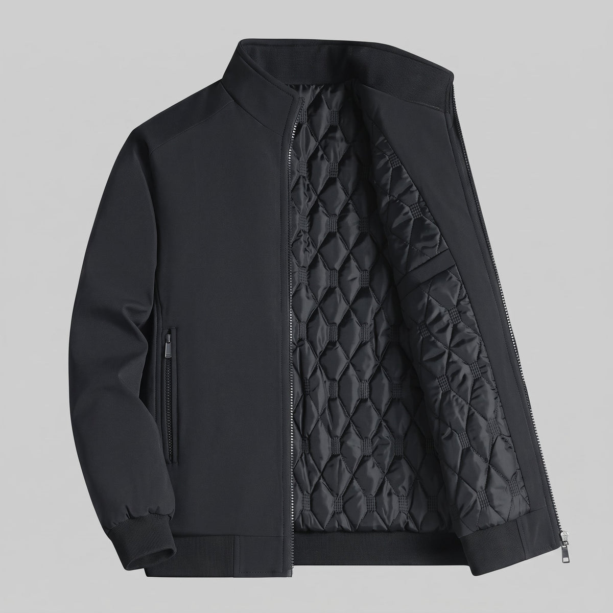 Tom - Men's Water-Resistant Quilted Jacket with Stand Collar - Sport Jackets - Black - Parker&Brooks
