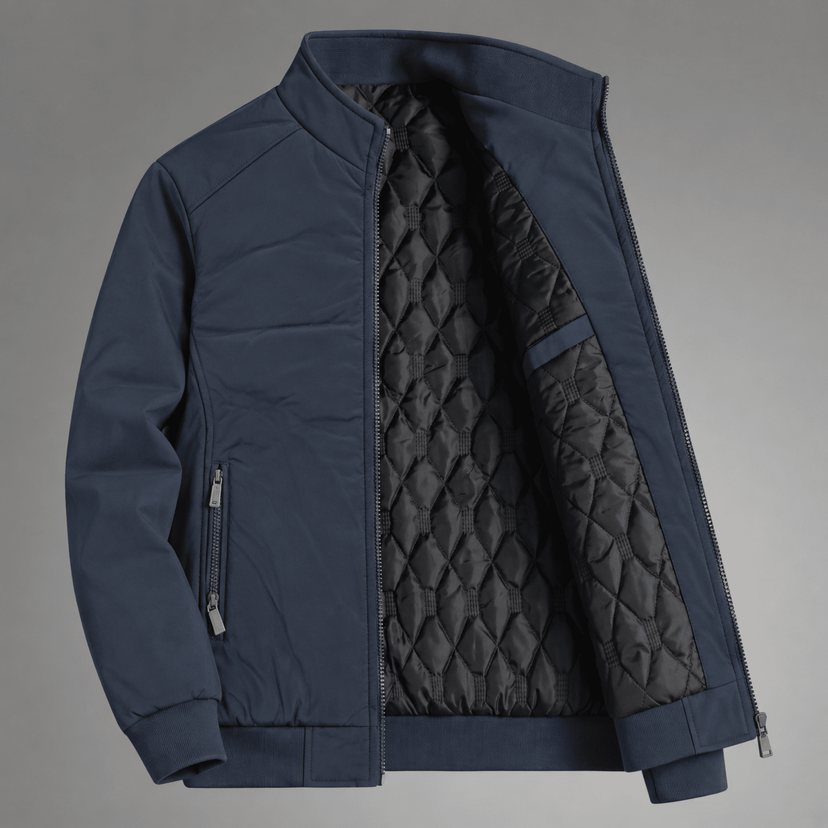 Tom - Men's Water-Resistant Quilted Jacket with Stand Collar - Sport Jackets - Dark Blue - Parker&Brooks