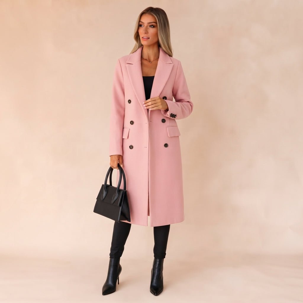 Victoria - Women's Double-Breasted Tailored Overcoat with Notch Lapel - Overcoats - Pink - Sarvento
