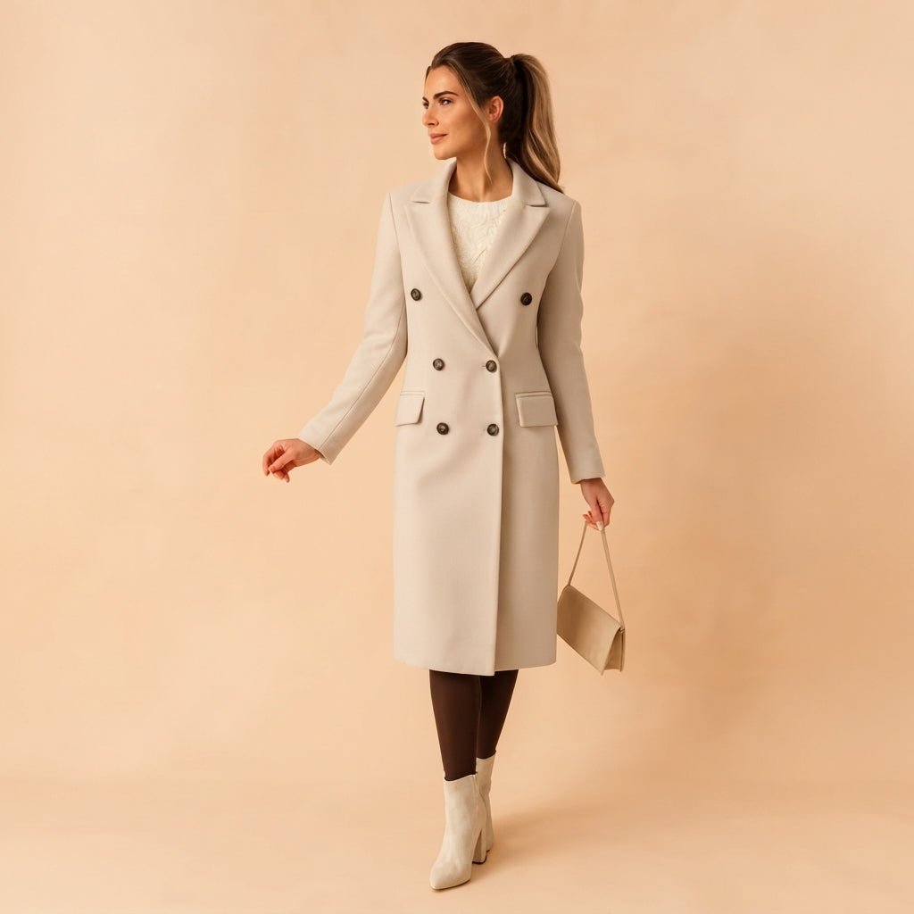 Victoria - Women's Double-Breasted Tailored Overcoat with Notch Lapel - Overcoats - Beige - Sarvento