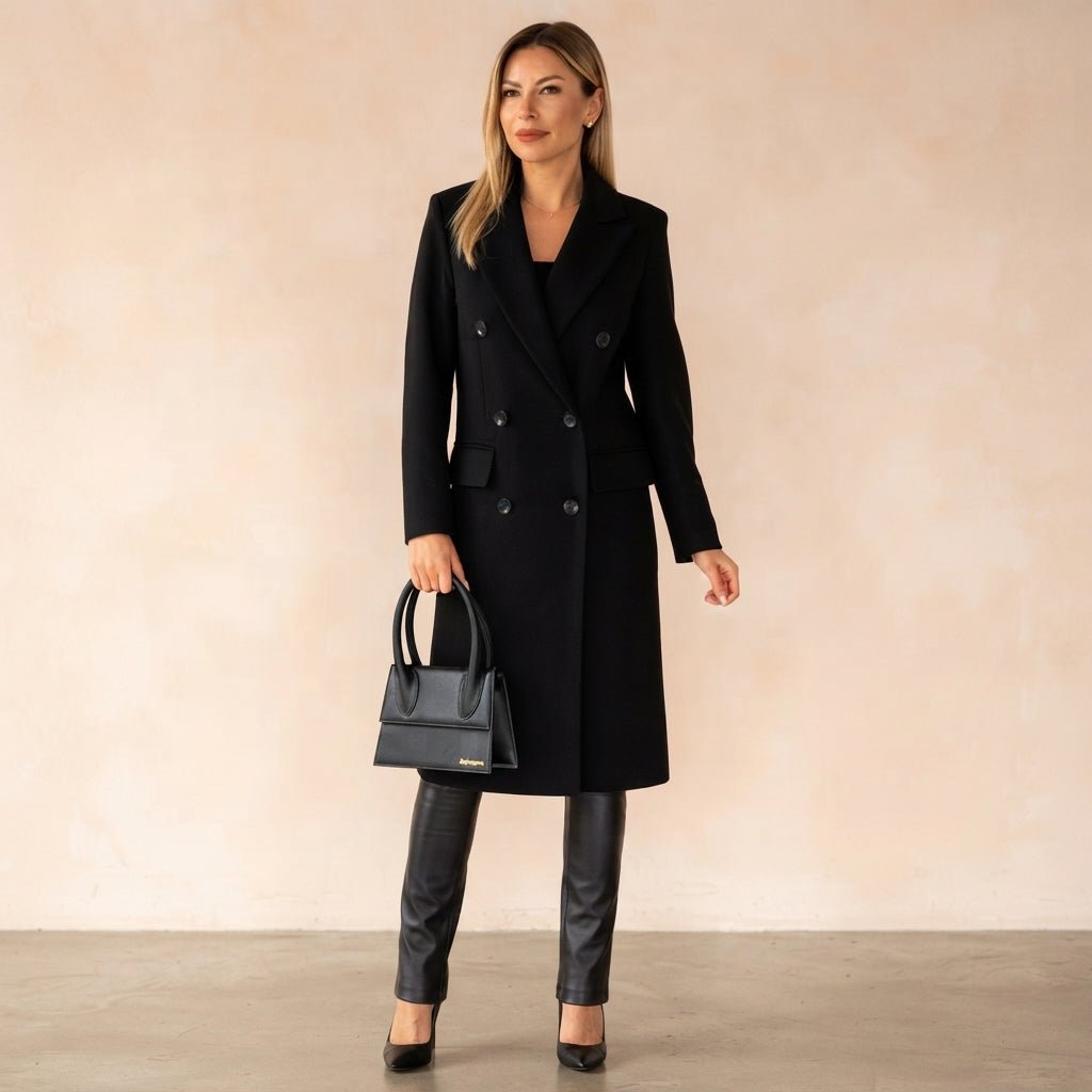Victoria - Women's Double-Breasted Tailored Overcoat with Notch Lapel - Overcoats - Black - Sarvento