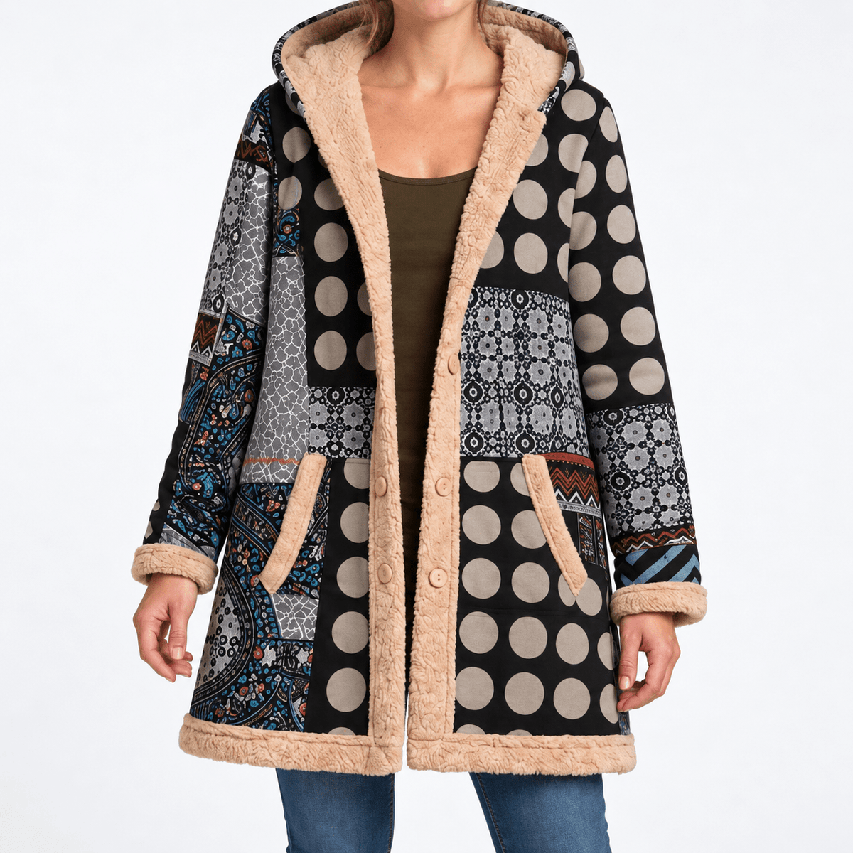 Wiktoria - Women's Hooded Patchwork Longline Coat with Sherpa Trim - Overcoats - Blue - Sarvento