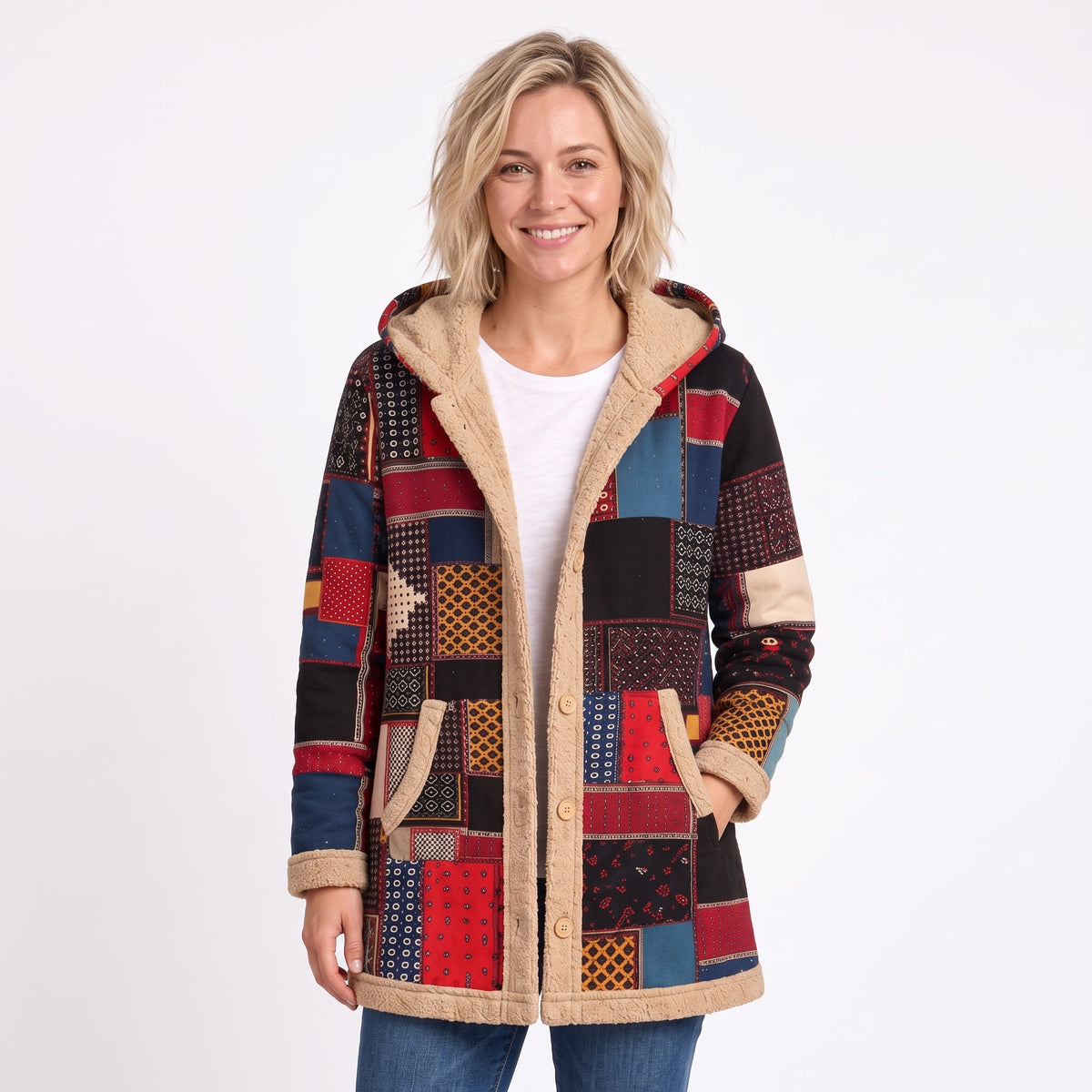 Wiktoria - Women's Hooded Patchwork Longline Coat with Sherpa Trim - Overcoats - Red - Sarvento