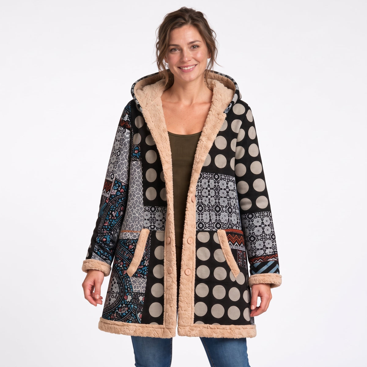 Wiktoria - Women's Hooded Patchwork Longline Coat with Sherpa Trim - Overcoats - Blue - Sarvento
