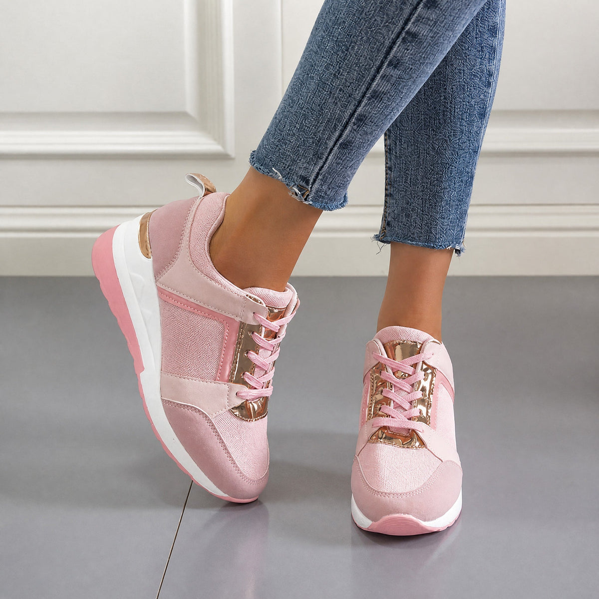 Wiktoria - Women's Orthopedic Wedge Sneakers with Perforated Panels - Sneakers - Pink - Parker&Brooks